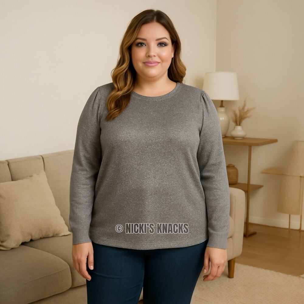 Les Serein Plus Size Metallic Puff Sleeve Crewneck Knit Sweater Silver Size 2X